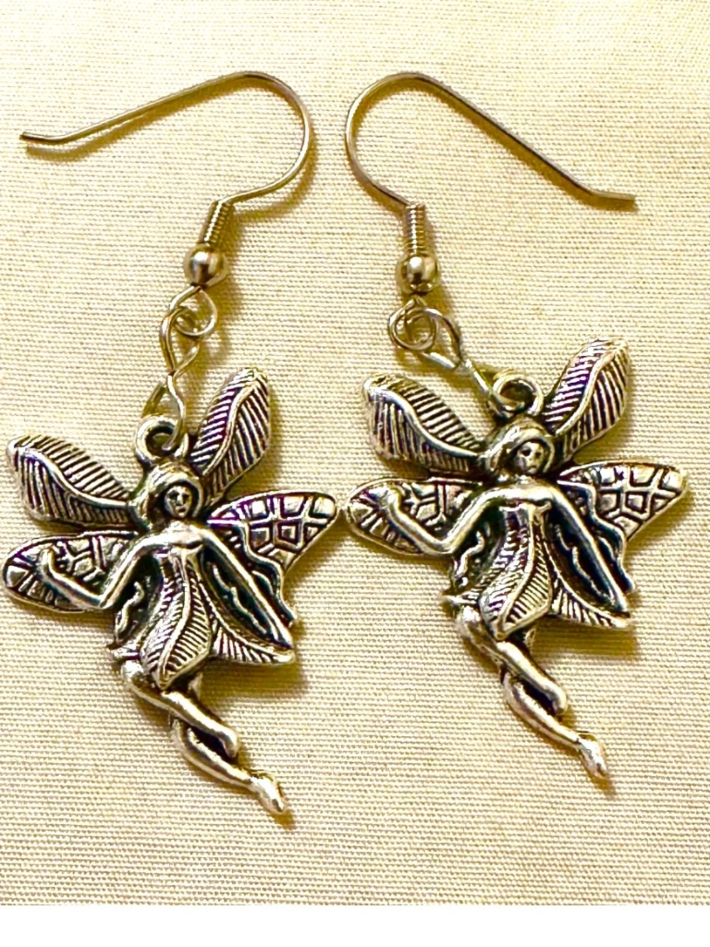 Fairy Dangle Earrings Stainless Steel Hooks Silver Tone Handmade Leaf Wing